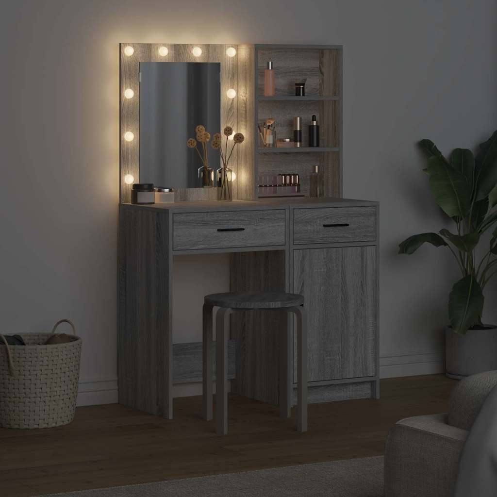Makeupbord Sæt Med LED Med Dør 2 Dele Konstrueret Træ - Billede 4