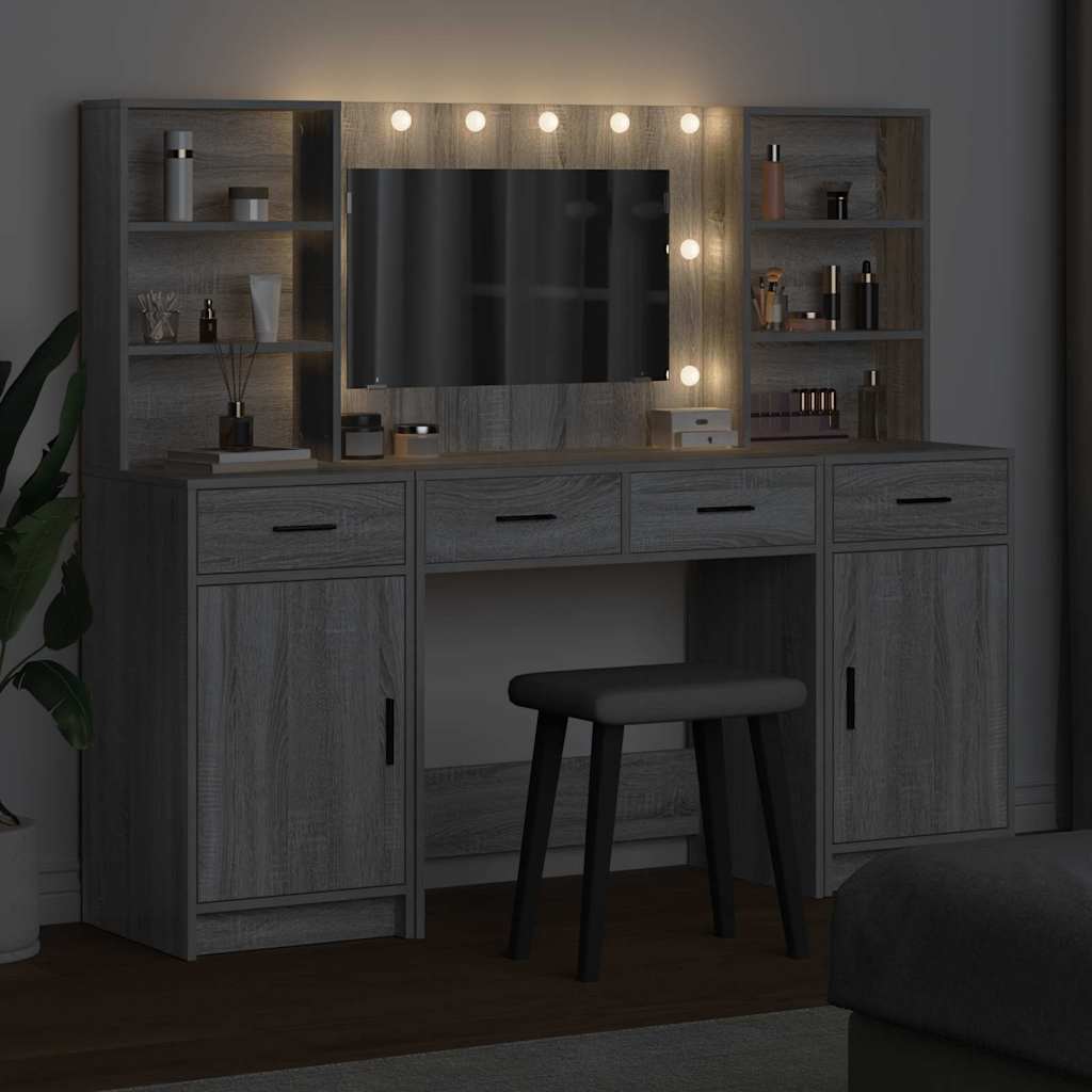 Makeupbord Sæt Med LED 3 Stk. Konstrueret Træ - Billede 4