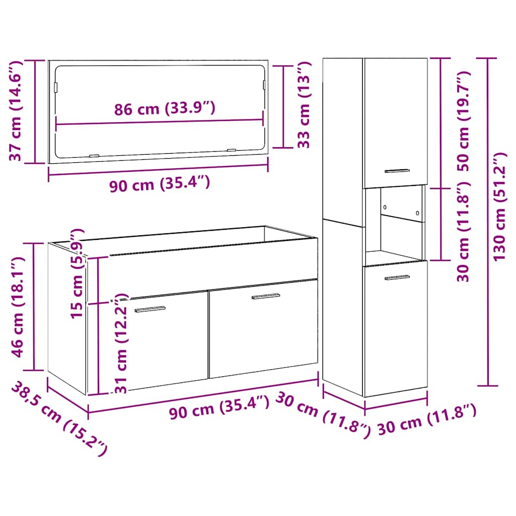 Badeværelsesmøbel Sæt Med Dør 3 Pcs Sort Eg 60 X 38.5 X 46 Cm - Billede 13
