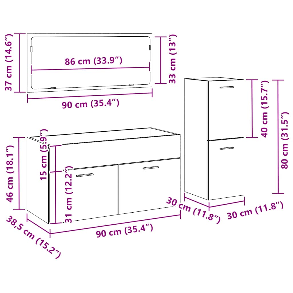 Badeværelsesmøbel Sæt Med Dør 3 Pcs Sort Eg 90 X 38.5 X 46 Cm - Billede 13
