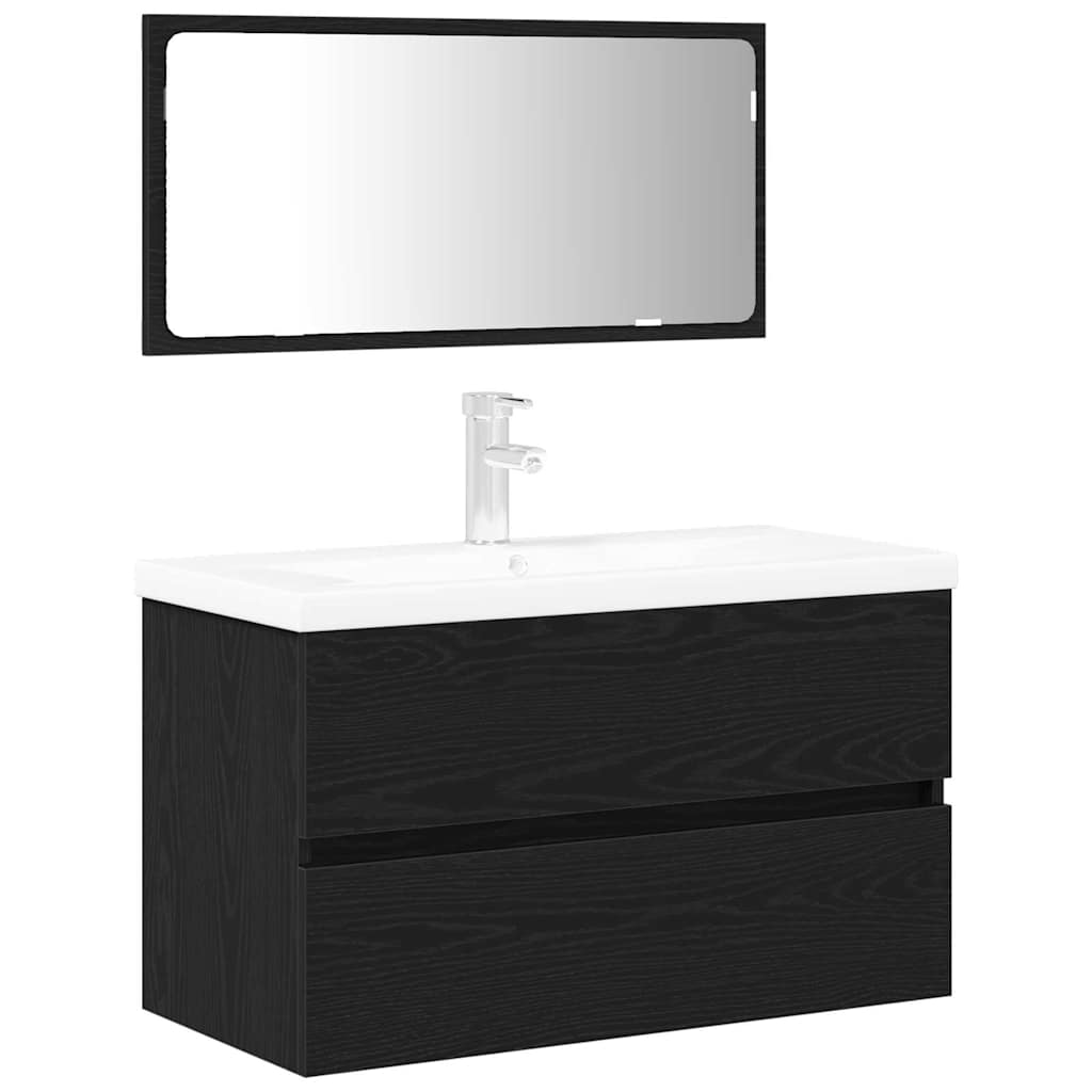 Badeværelsesmøbel Sæt Med Spejl 3 Pcs Sort Eg 80 X 38.5 X 45 Cm - Billede 2