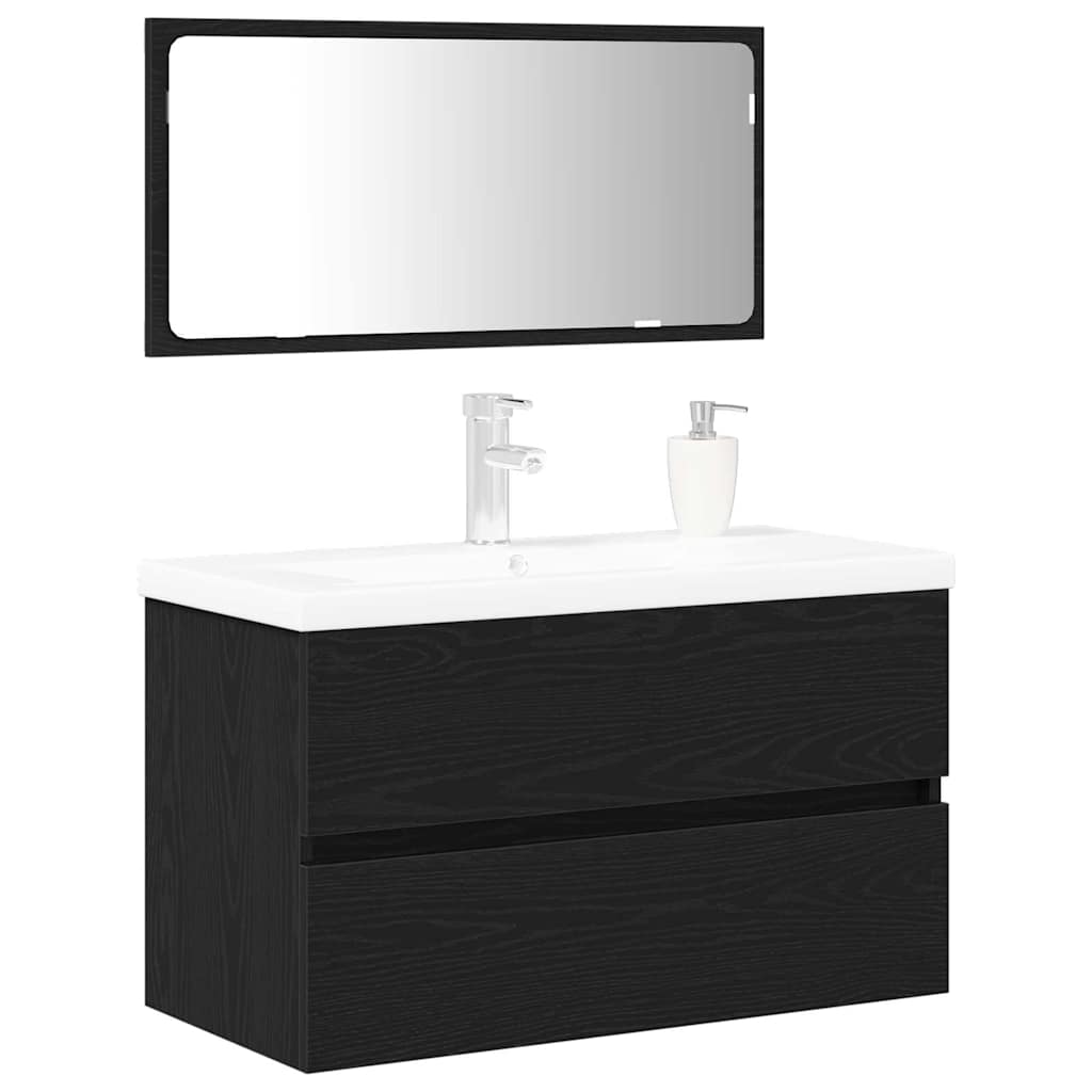 Badeværelsesmøbel Sæt Med Spejl 3 Pcs Sort Eg 80 X 38.5 X 45 Cm - Billede 3