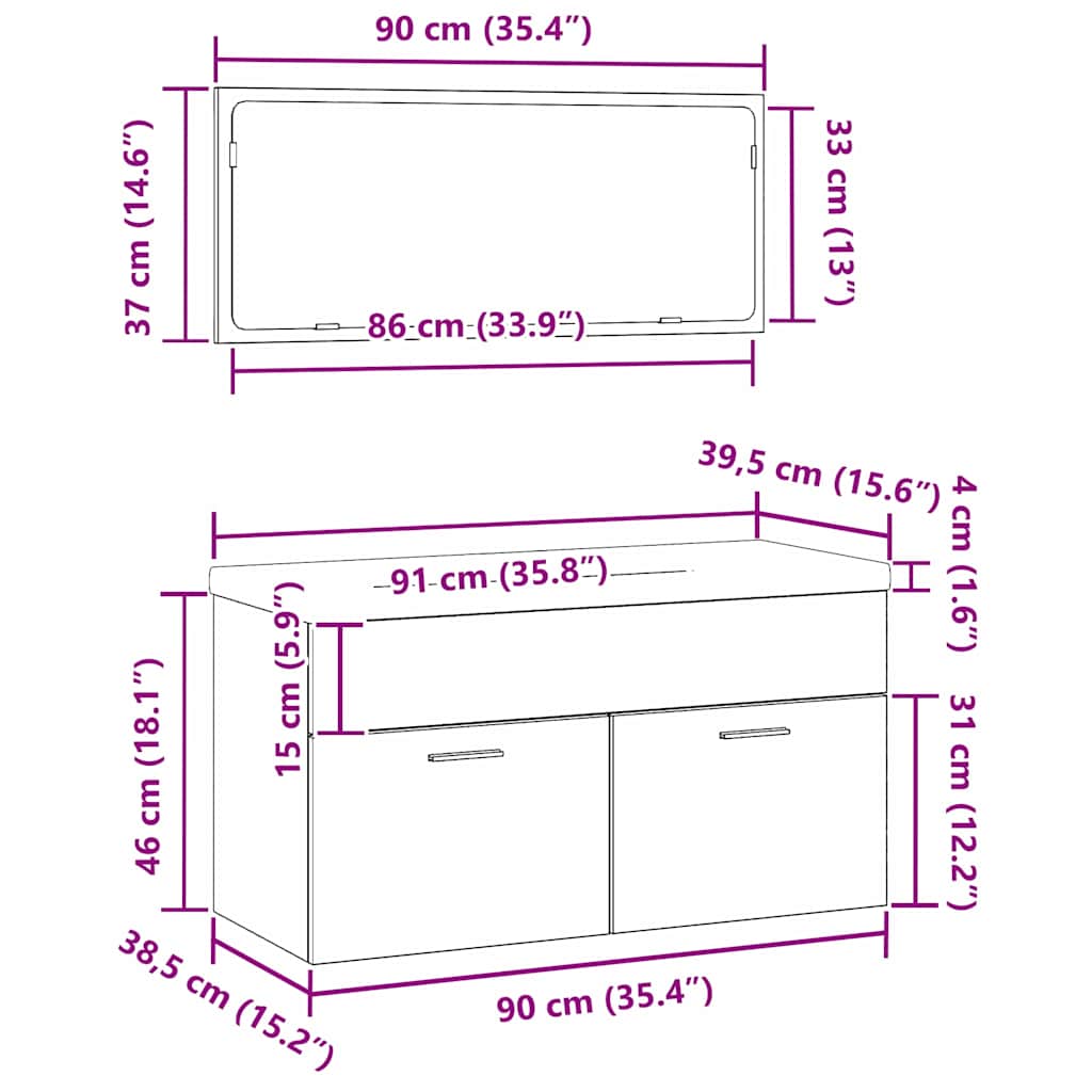 Badeværelsesmøbel Sæt Med Dør 3 Pcs Sort Eg 90 X 38.5 X 46 Cm - Billede 12