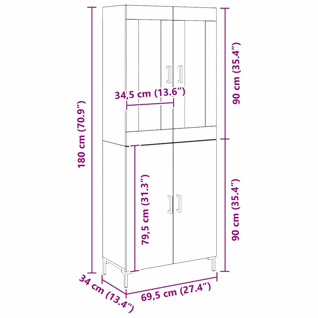 Highboard 2 Dele 69,5 X 34 X 180 Cm Konstrueret Træ - Billede 13
