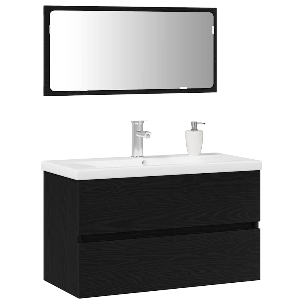 Badeværelsesmøbel Sæt Med Spejl 3 Pcs Sort Eg 80 X 38.5 X 45 Cm - Billede 3