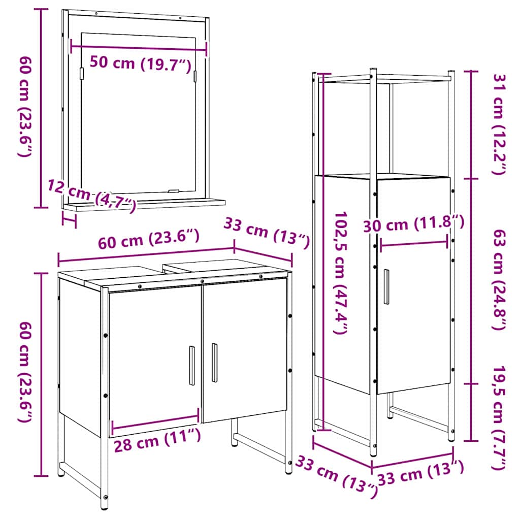 Badeværelsesmøbel Sæt Med Dør 3 Pcs Brun 33 X 33 X 102,5 Cm - Billede 11
