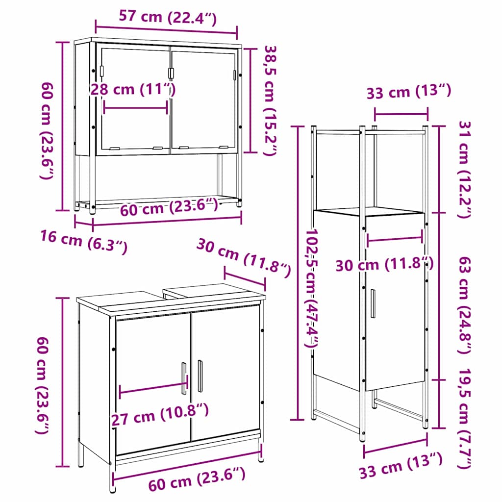 Badeværelsesmøbel Sæt Med Dør 3 Pcs Brun 33 X 33 X 102,5 Cm - Billede 11