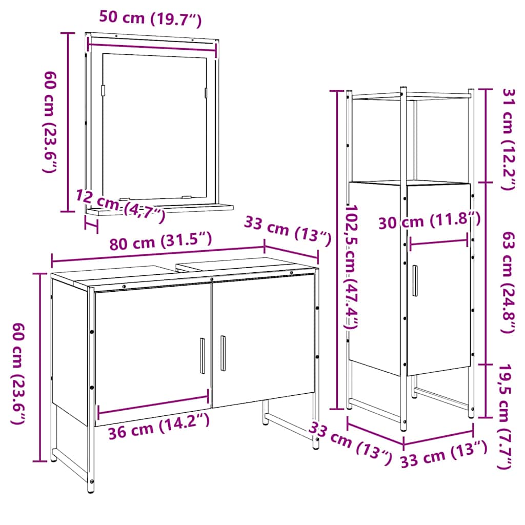 Badeværelsesmøbel Sæt Med Dør 3 Pcs Brun 33 X 33 X 102,5 Cm - Billede 11