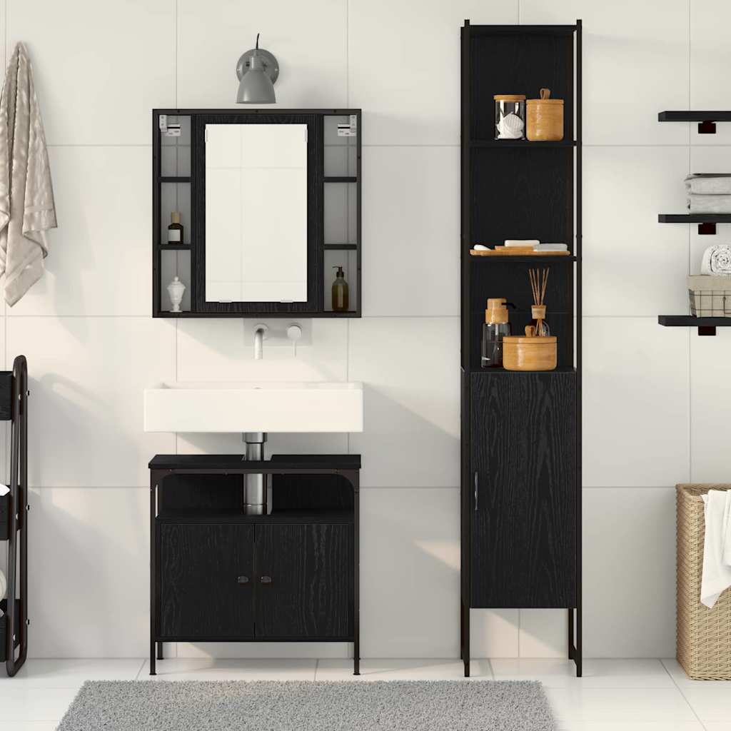 Badeværelsesskabsæt Med Hylde 3 Pcs Sort Eg 33 X 33 X 185.5 Cm - Billede 4