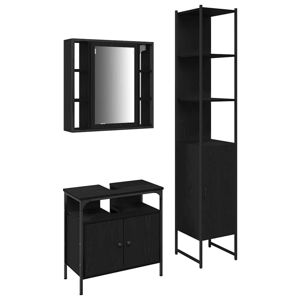 Badeværelsesskabsæt Med Hylde 3 Pcs Sort Eg 33 X 33 X 185.5 Cm - Billede 2