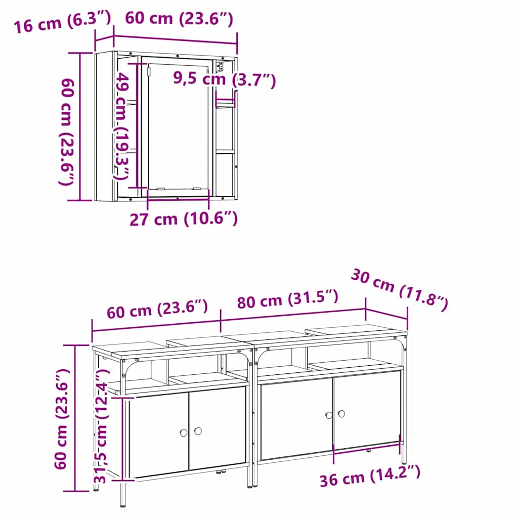 Badeværelsesvaske 3 Stk. 80 X 30 X 60 Cm Konstrueret Træ - Billede 16