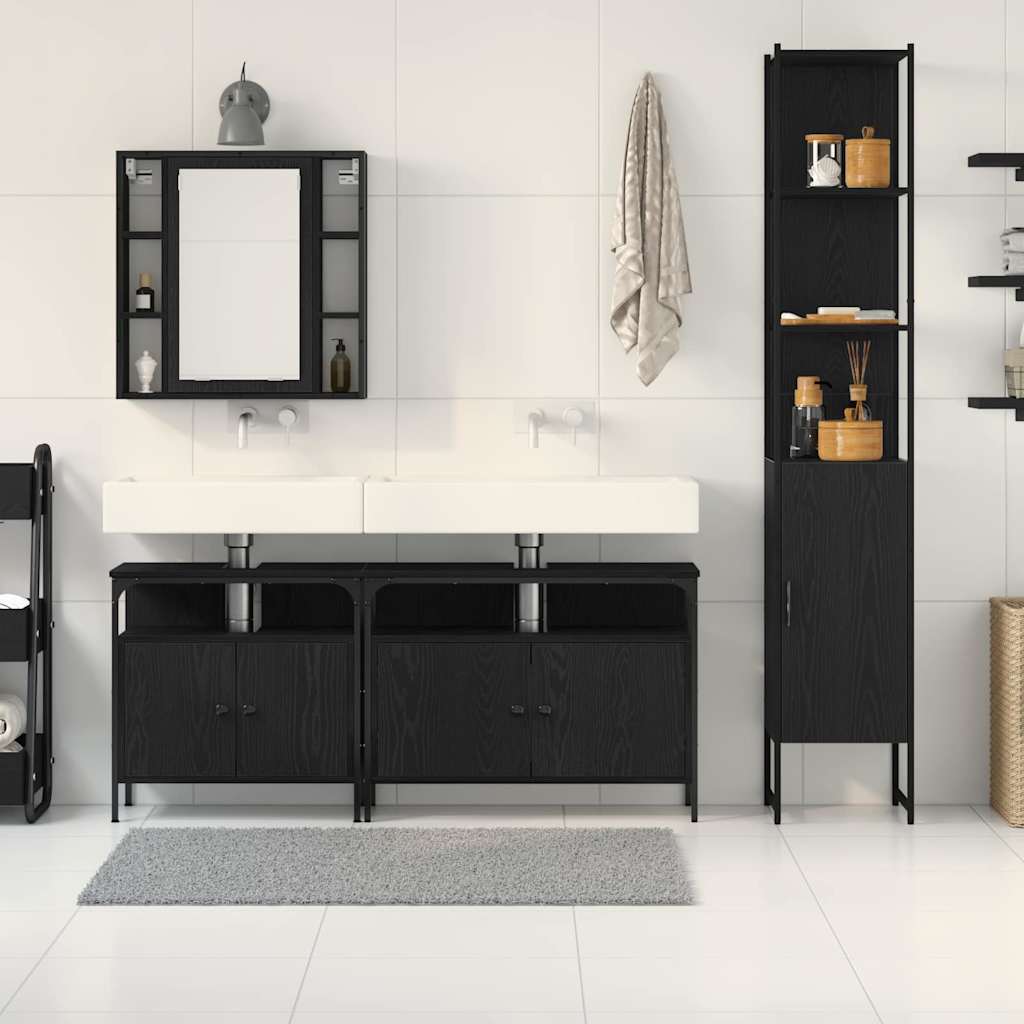 Badeværelsesskabsæt Med Hylde 4 Pcs Sort Eg 33 X 33 X 185.5 Cm - Billede 4