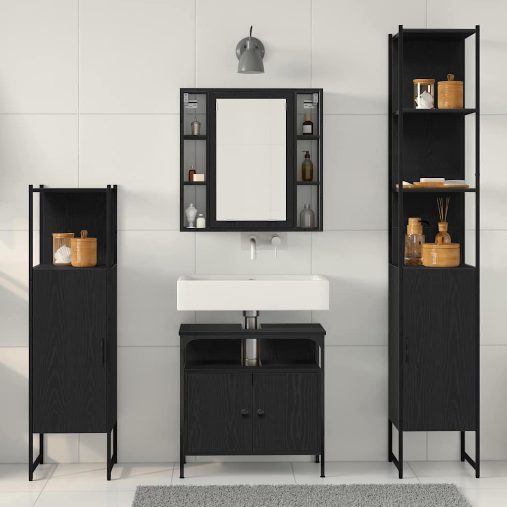 Badeværelsesskabsæt Med Hylde 4 Pcs Sort Eg 33 X 33 X 185.5 Cm - Billede 4