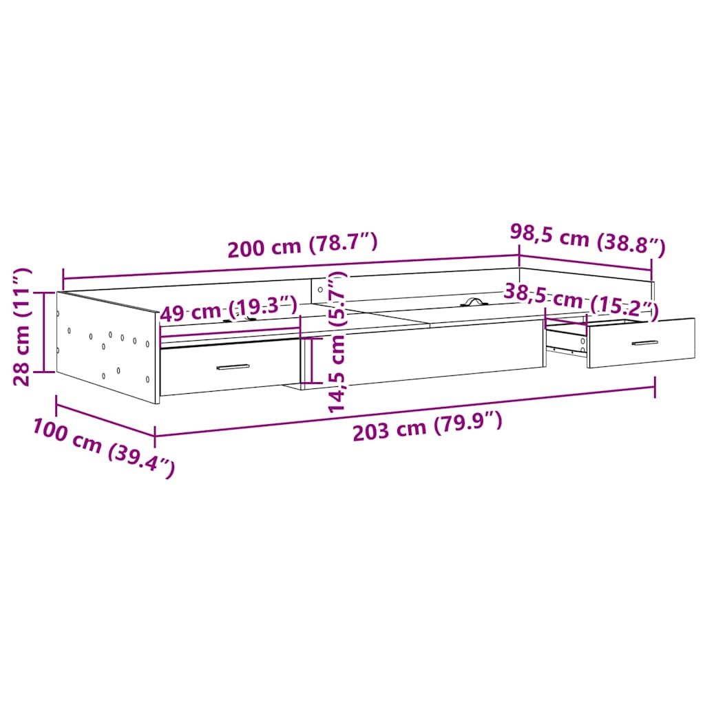 Seng Med Opbevaring Med Skuffe Sonoma Eg 100 X 200 Cm Konstrueret Træ - Billede 10