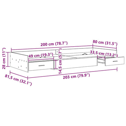 Seng Med Opbevaring Med Skuffe Sonoma Eg 80 X 200 Cm Konstrueret Træ - Billede 10