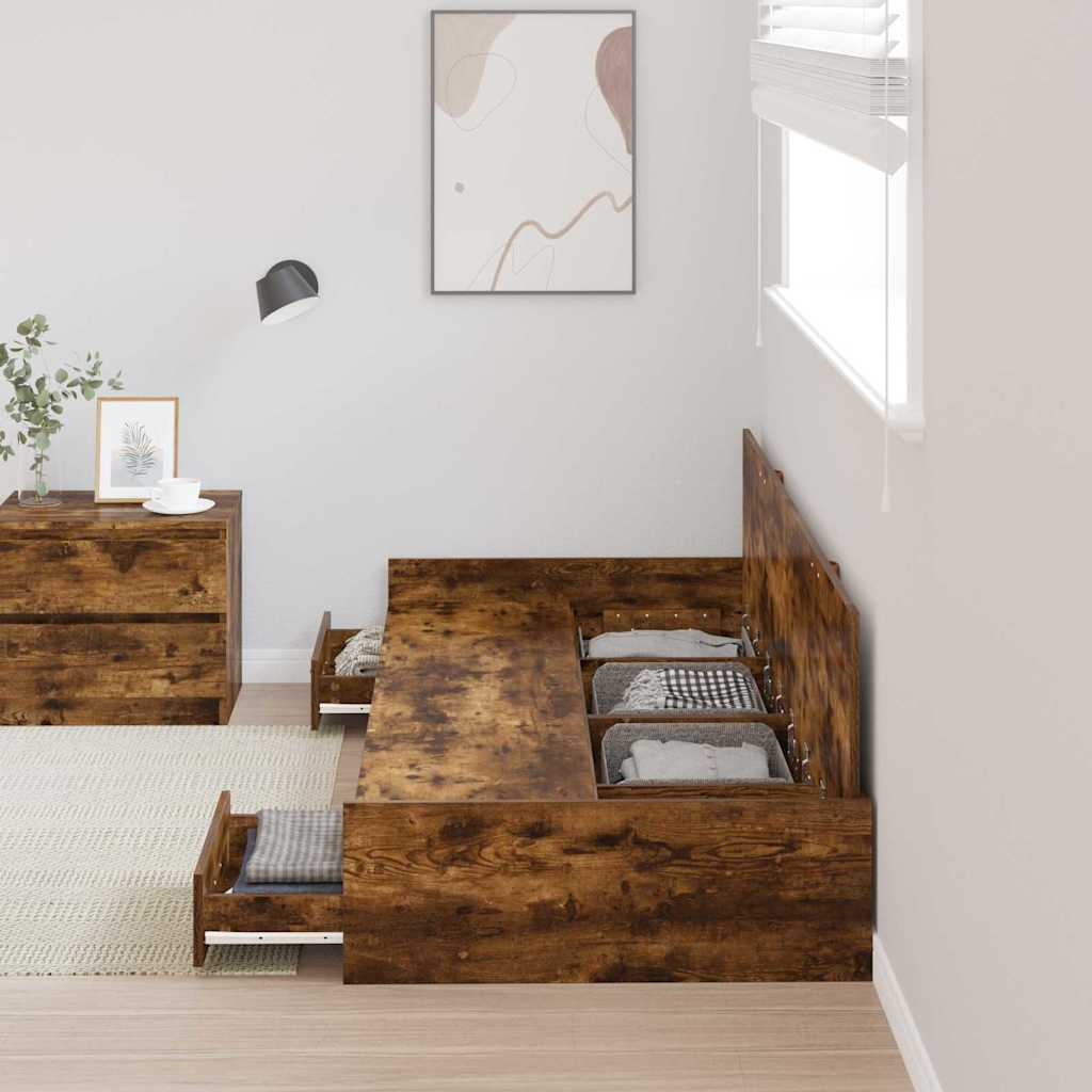 Seng Med Opbevaring Med Skuffe Røget Eg 75 X 190 Cm Konstrueret Træ - Billede 4