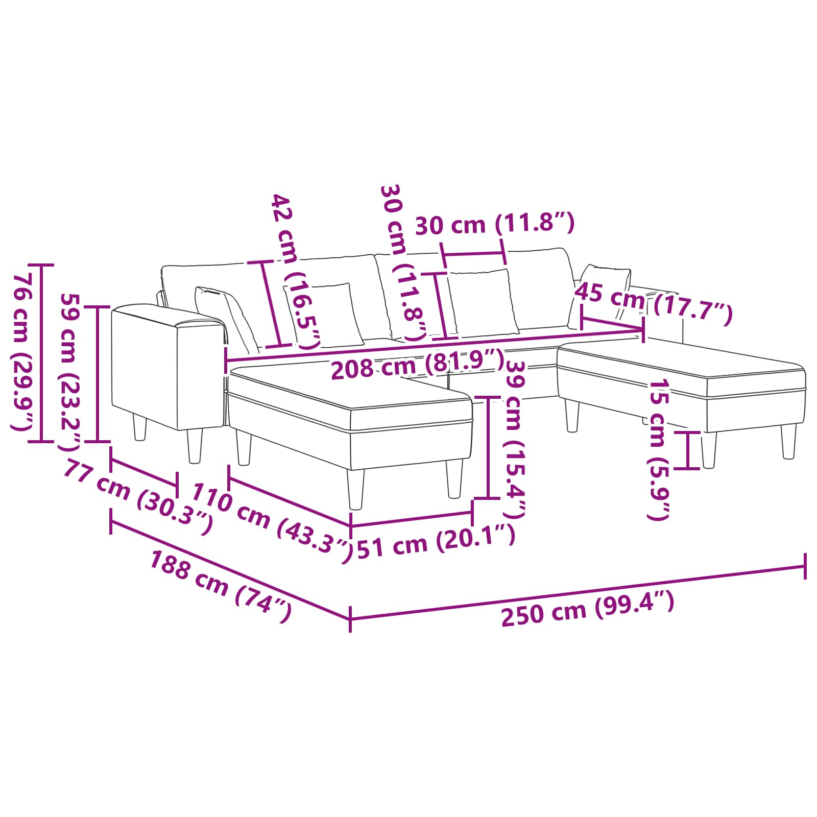 Stue Sofa 3 Dele 250 X 188 X 76 Cm - Billede 10