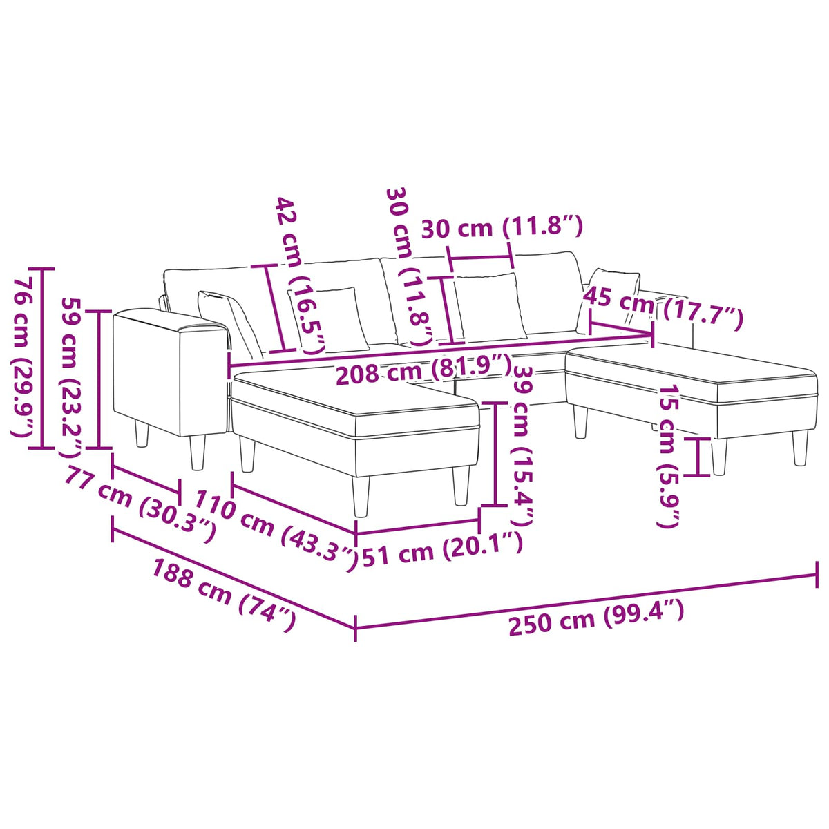 Sofa 250 X 188 X 76 Cm Velourstof - Billede 10
