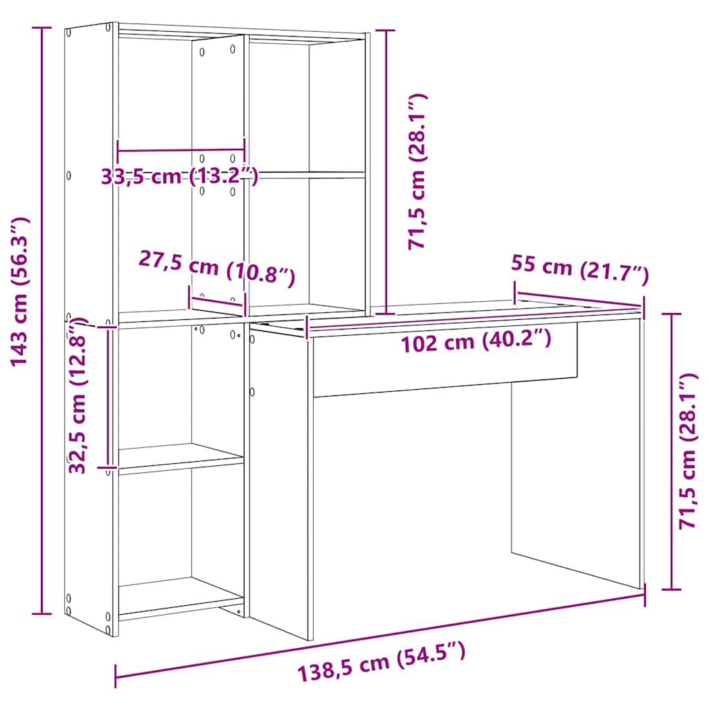 Bord Med Hylde 138,5 X 55 X 143 Cm Konstrueret Træ - Billede 11