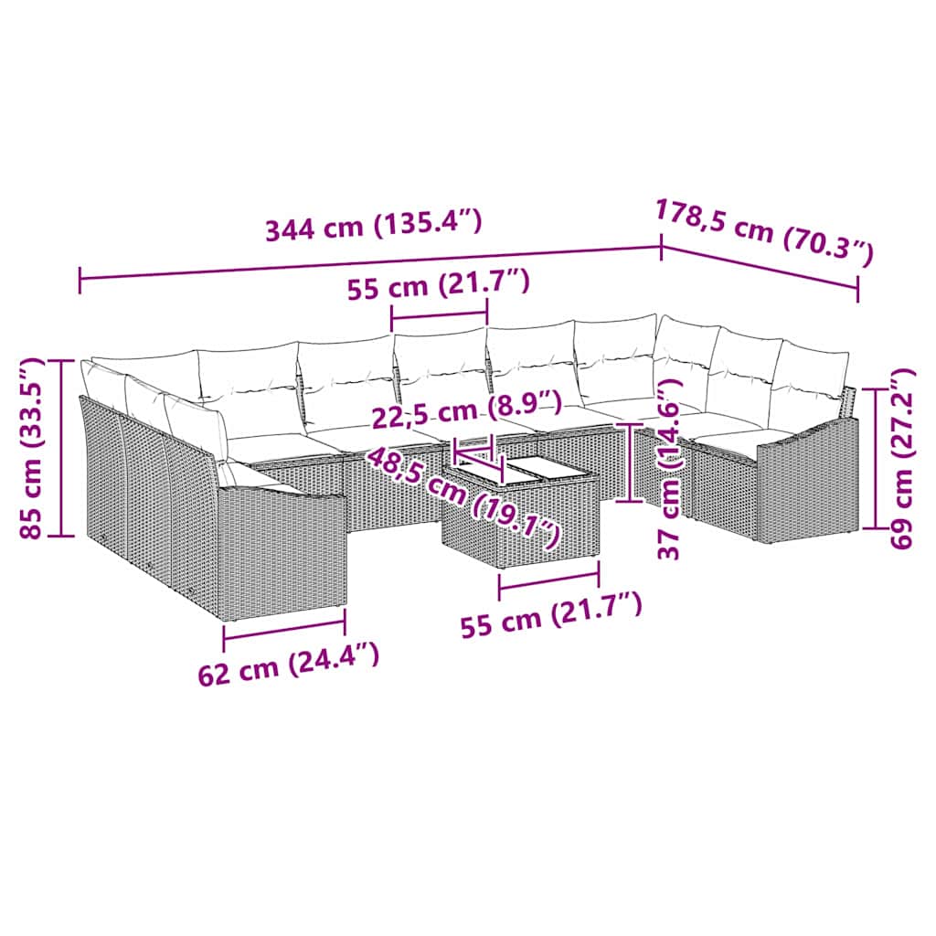 Sofa Sæt Med Pude 11 Dele Polyrattan - Billede 9