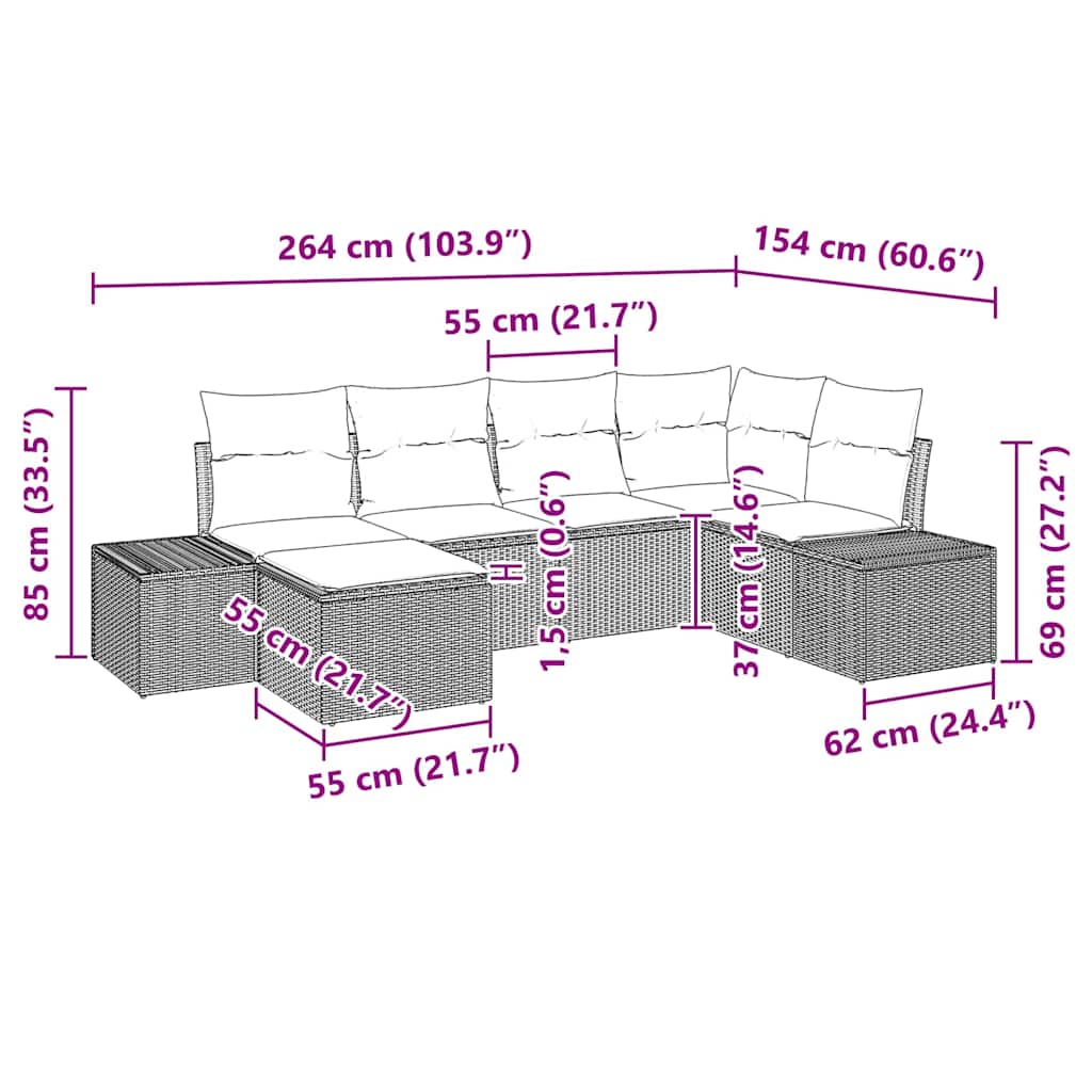 Havesofa Sæt Med Pude 6 Dele Polyrattan - Billede 9