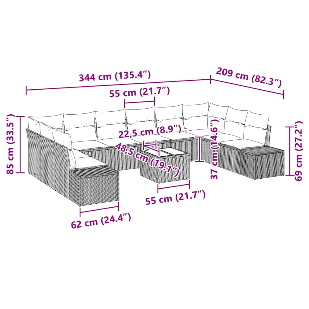 Havesofa Sæt Med Pude 11 Dele Polyrattan - Billede 9