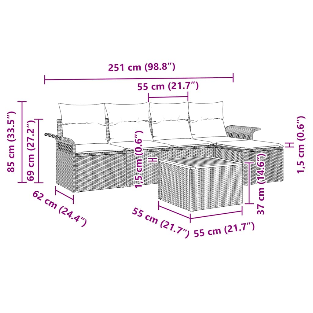 Havesofa Sæt Med Pude 6 Dele Polyrattan - Billede 9