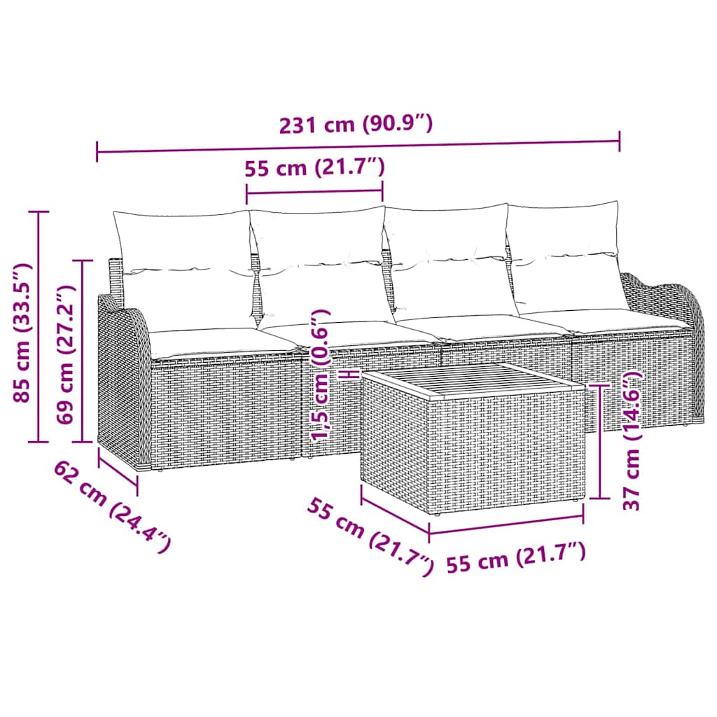 Havesofa Sæt Med Pude 5 Dele Polyrattan - Billede 8