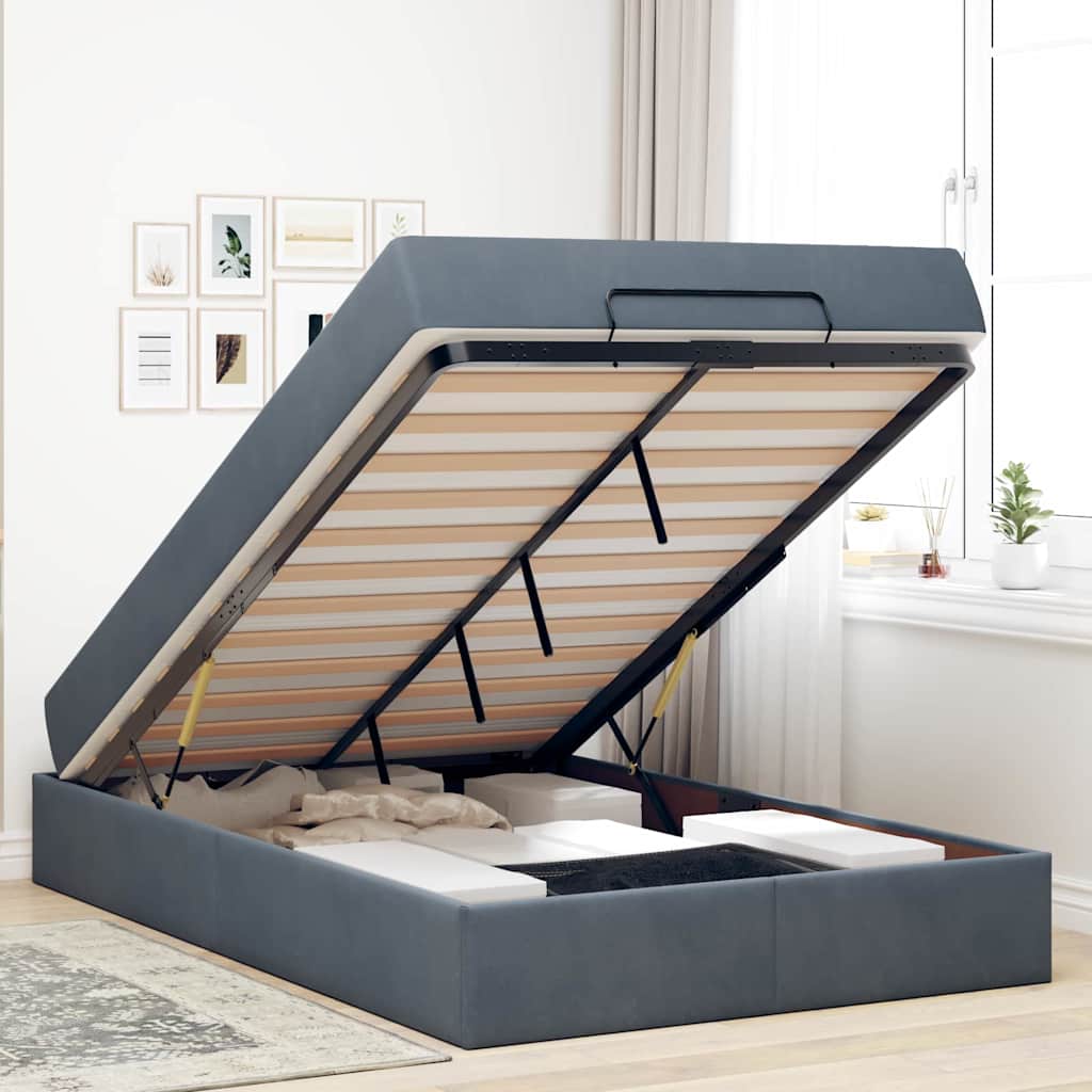 Sengestel Med Madras Med Opbevaring Mørkegrå 140 190 Cm Fløjl - Billede 5