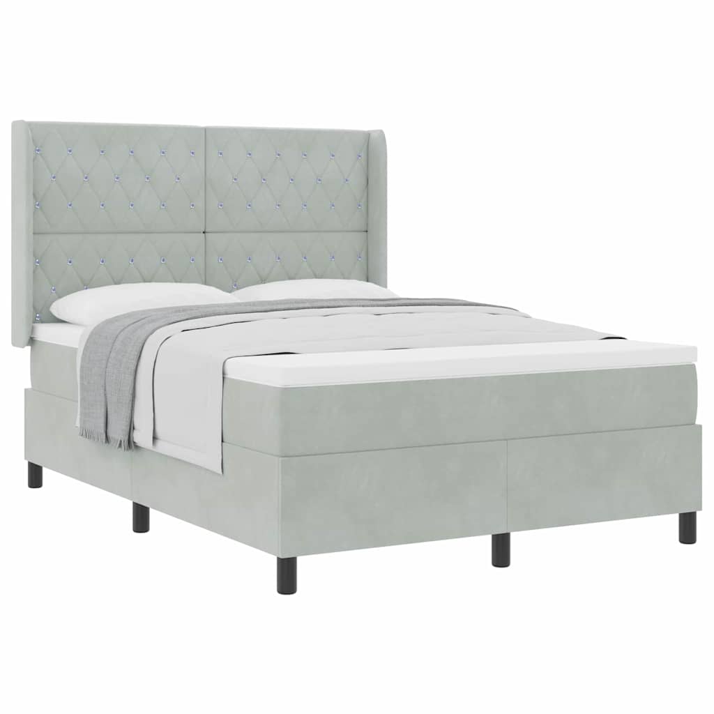 Box Spring Seng Med Hovedgærde Lysegrå 140 X 200 Cm Fløjl - Billede 3