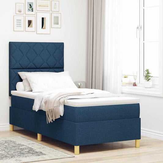Box Spring Seng Med Madras Med Hovedgærde Blå 90 X 200 Cm Stof - Hovedbillede