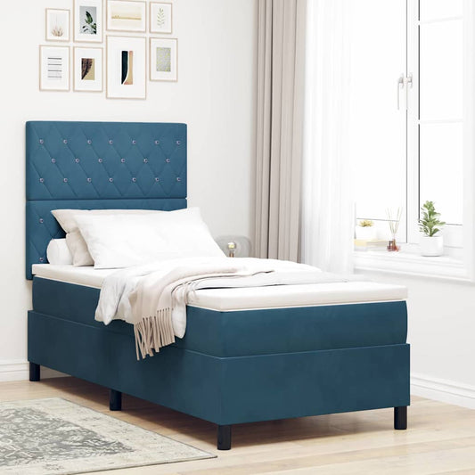 Box Spring Seng Med Madras Mørkeblå 100 X 200 Cm Fløjl - Hovedbillede