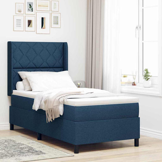 Box Spring Seng Med Madras Med Hovedgærde Blå 90 X 200 Cm Stof - Hovedbillede