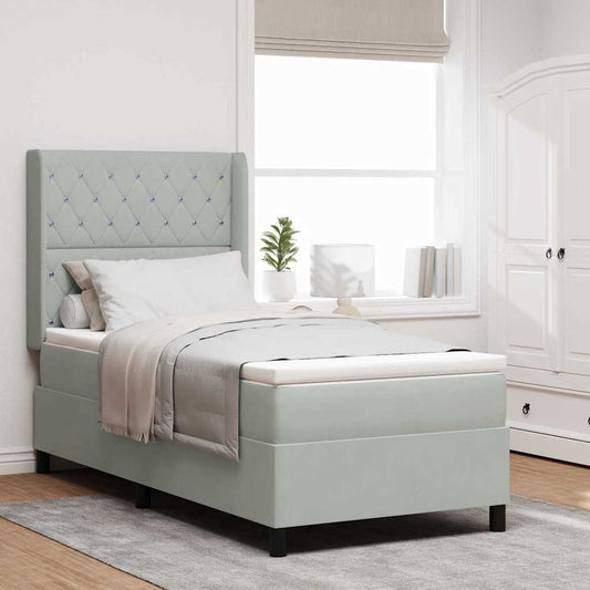 Led Boxspring Seng Med Madras Argyle Lysegrå 90 X 190 Cm Fløjl - Hovedbillede