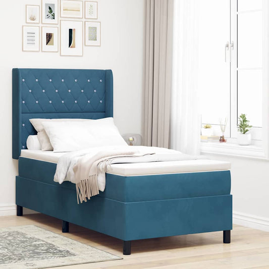 Led Boxspring Seng Med Madras Argyle Blå 100 X 200 Cm Fløjl - Hovedbillede