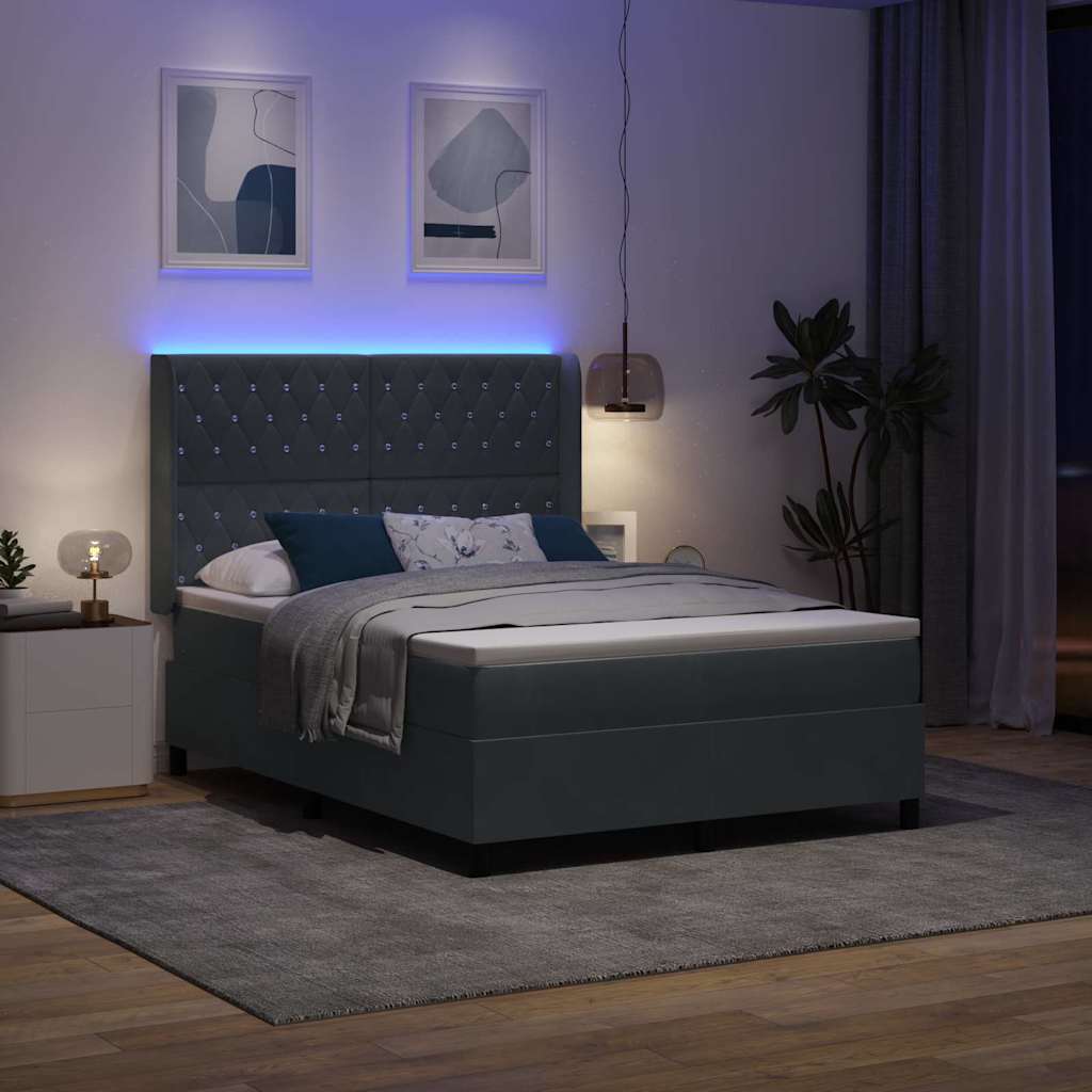 Led Boxspring Seng Med Madras Mørkegrå 140 X 190 Cm Fløjl - Billede 6