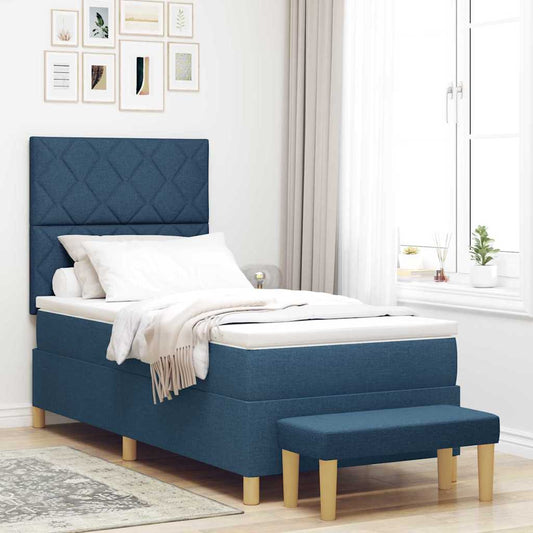 Box Spring Seng Med Madras Med Hovedgærde Blå 90 X 190 Cm Stof - Hovedbillede