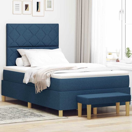 Box Spring Seng Med Madras Med Hovedgærde Blå 120 X 200 Cm Stof - Hovedbillede