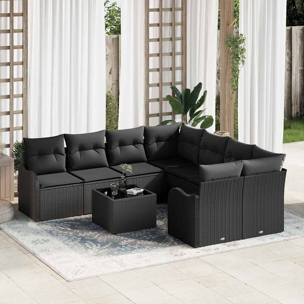 Havesofa Sæt 9 Dele Poly Rattan Og Stål Og Glas