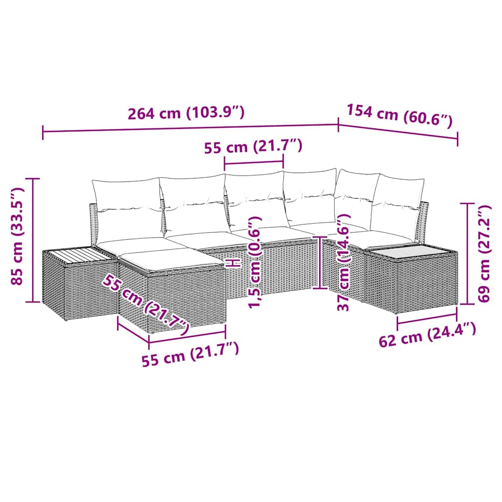 Havesofa Sæt Med Pude 7 Dele Polyrattan - Billede 14