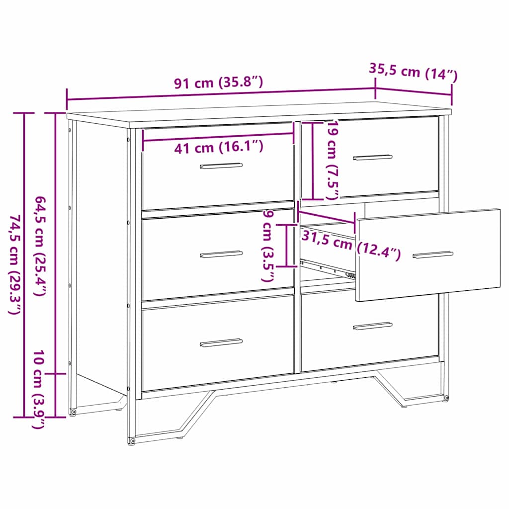 Skuffeskab 6-skuffe 91 X 35,5 X 74,5 Cm - Billede 11