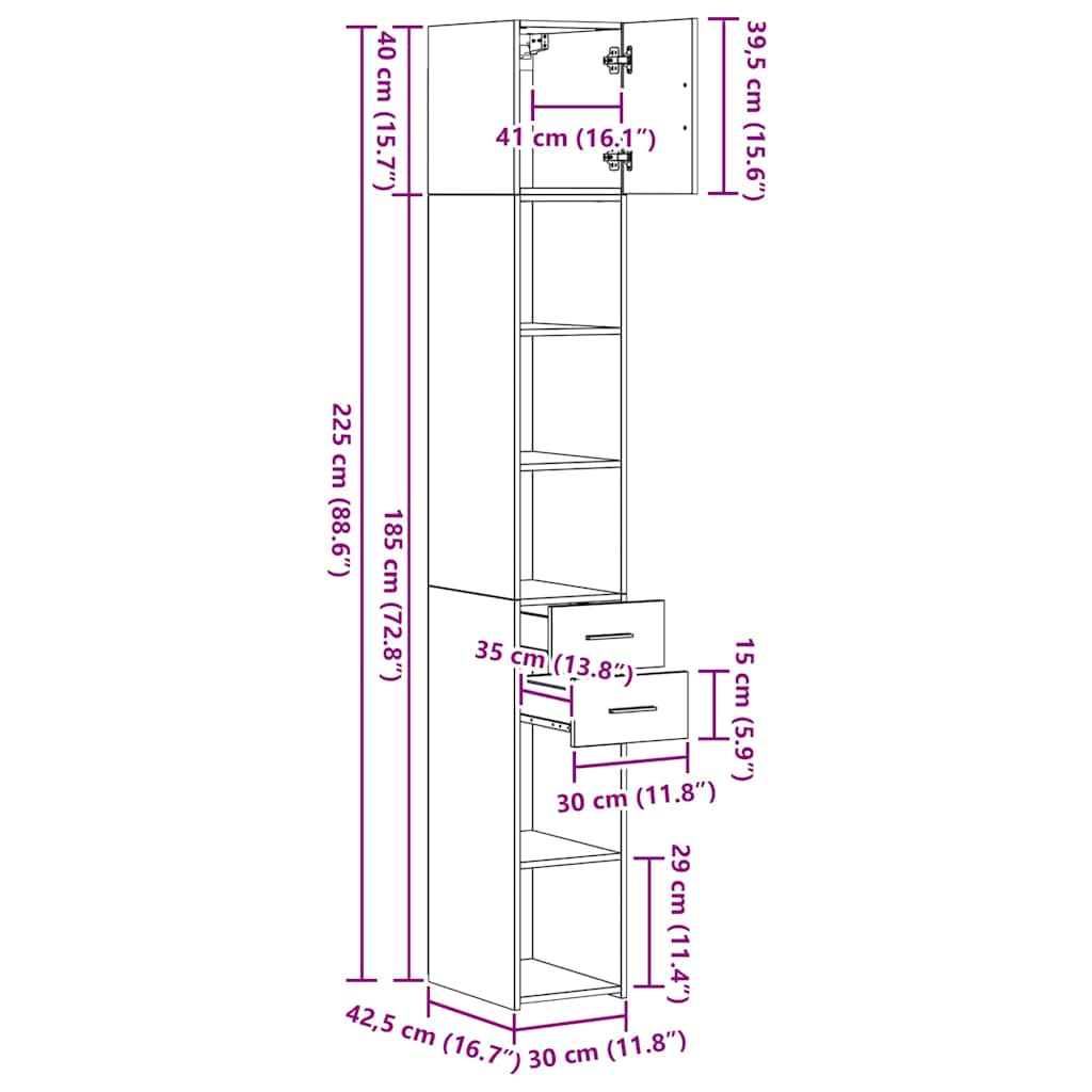 Slim Opbevaringsskab Sort Eg 30 X 42.5 X 225 Cm Konstrueret Træ - Billede 13