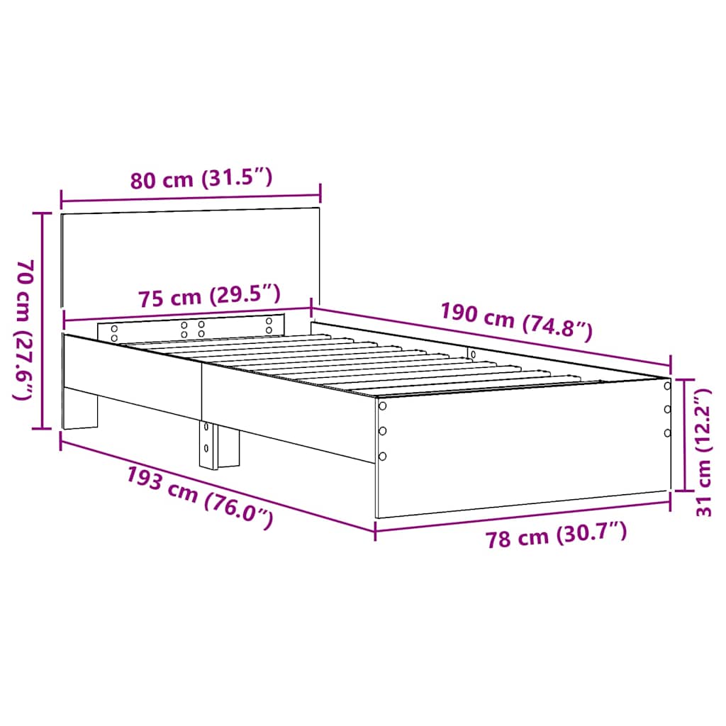 Sengestel Med Hovedgærde Sort Eg 75 X 190 Cm Konstrueret Træ - Billede 11