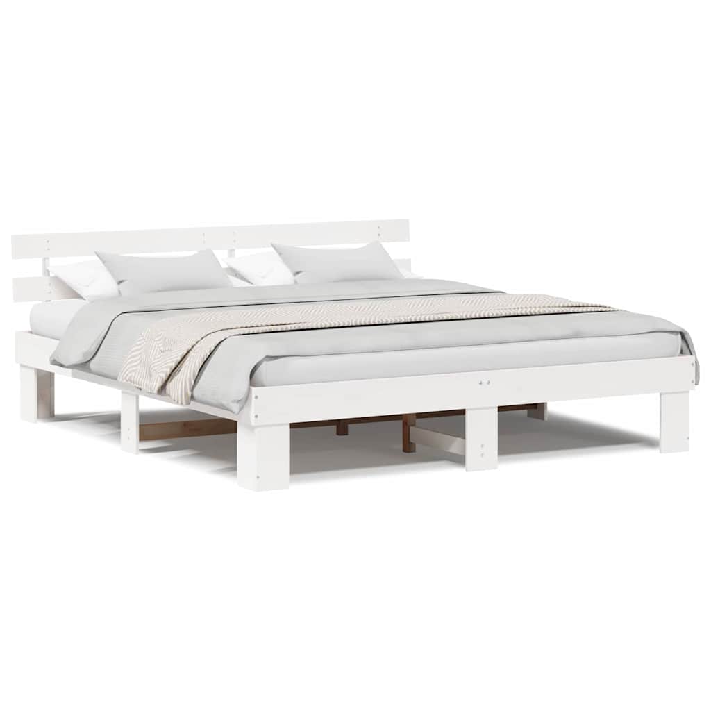 Sengestel Med Hovedgærde Hvid 200 X 200 Cm Massivt Fyrretræ - Billede 4