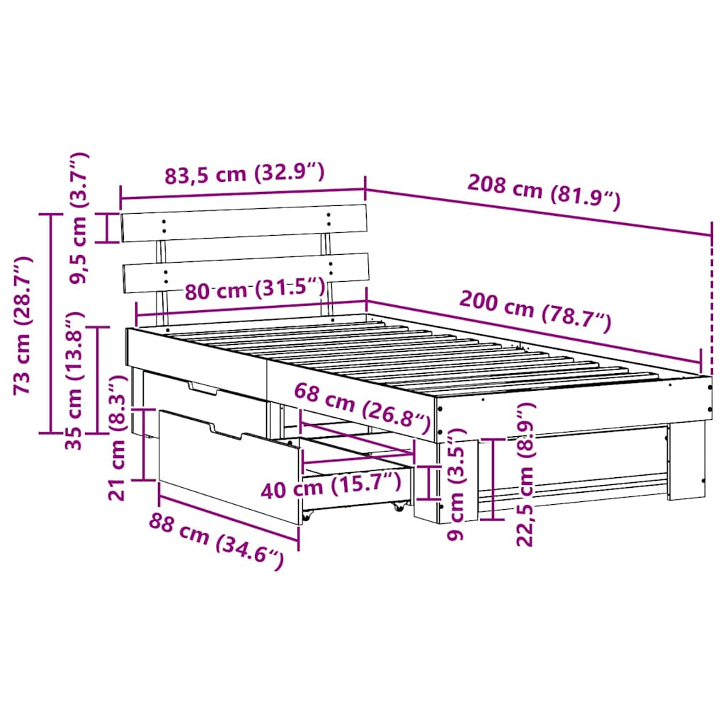 Sengestel Med Hovedgærde Brun 80 X 200 Cm Massivt Fyrretræ - Billede 13