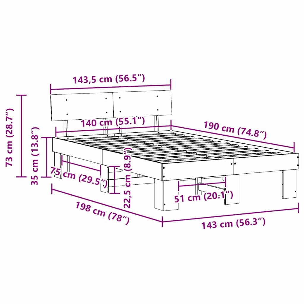 Sengestel Med Hovedgærde Hvid 140 X 190 Cm Massivt Fyrretræ - Billede 10