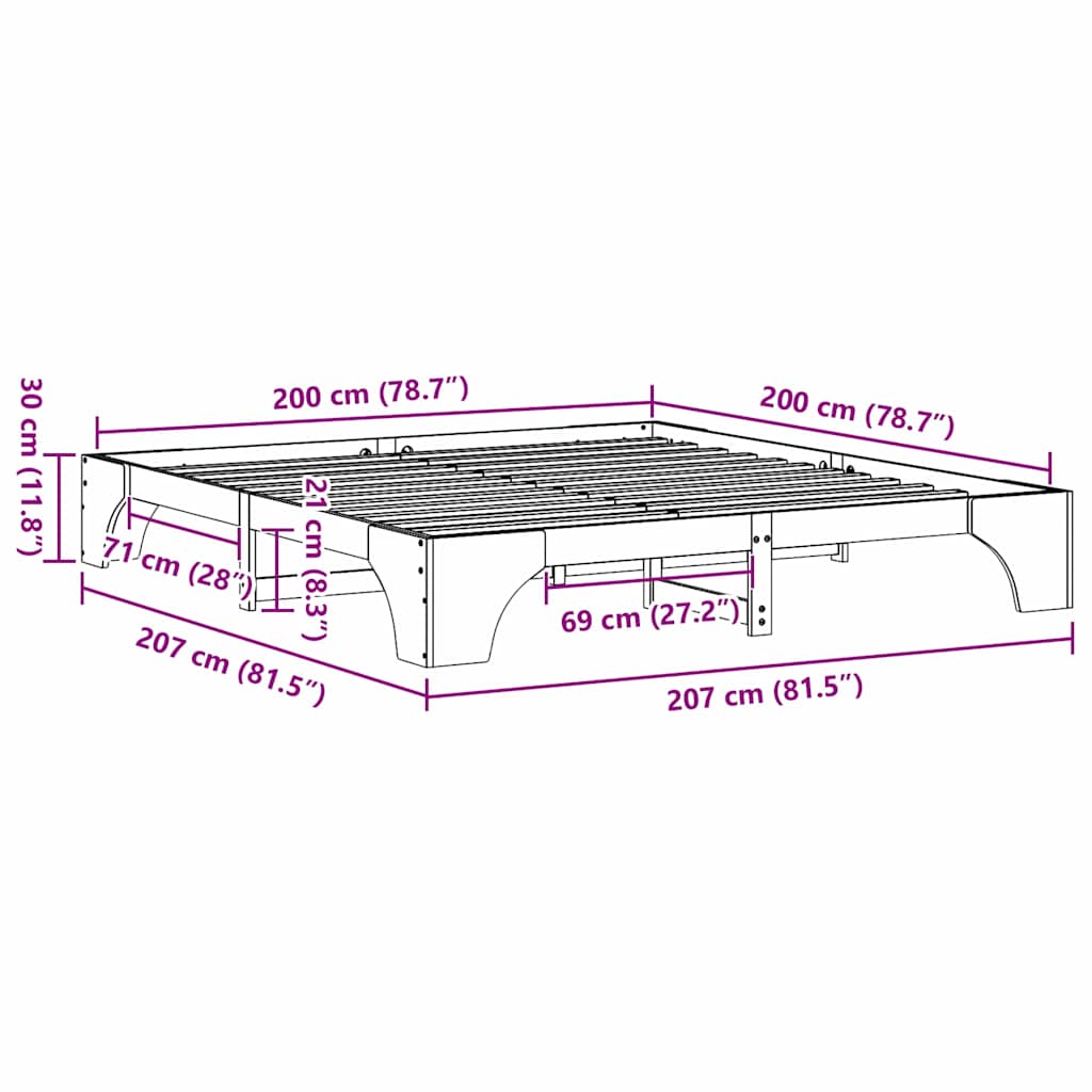Sengestel Hvid 207 X 207 X 30 Cm Massivt Fyrretræ - Billede 10