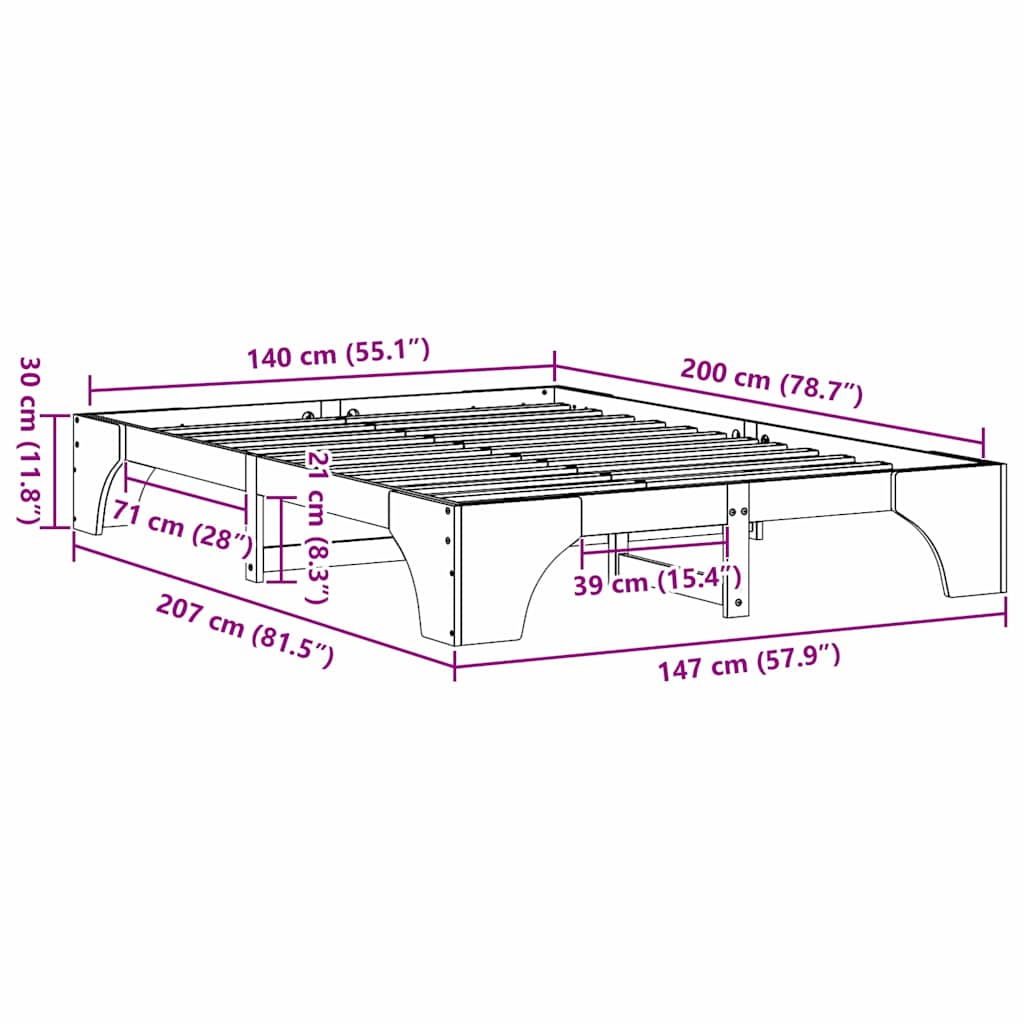 Sengestel Hvid 207 X 147 X 30 Cm Massivt Fyrretræ - Billede 10
