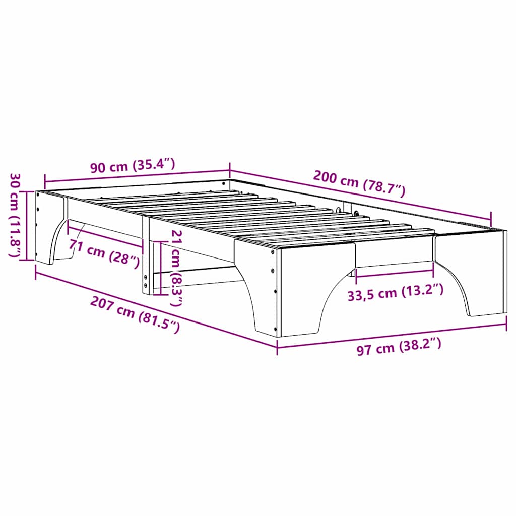 Sengestel Hvid 207 X 97 X 30 Cm Massivt Fyrretræ - Billede 10