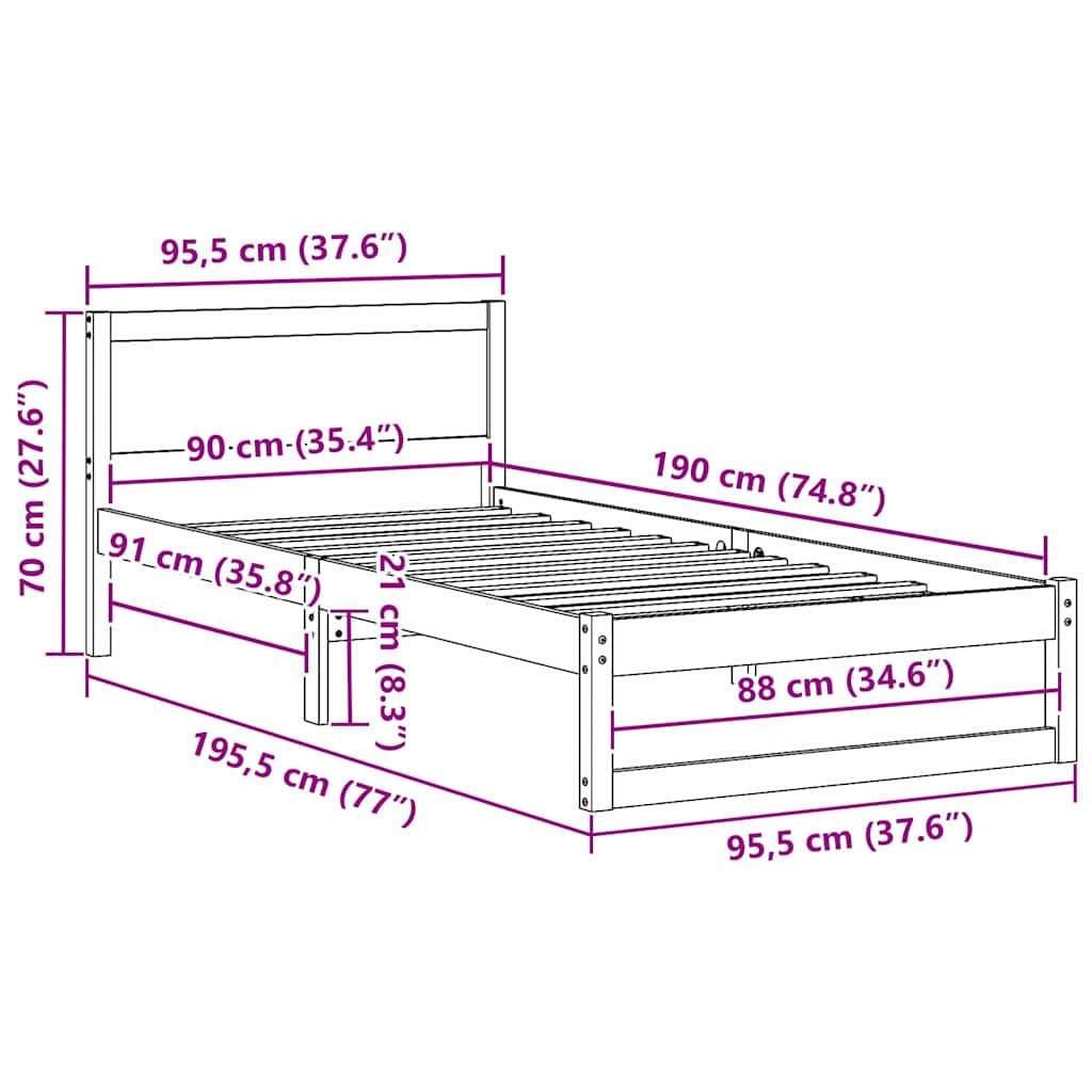 Sengestel Med Hovedgærde Hvid 90 190 Cm Massivt Fyrretræ - Billede 10